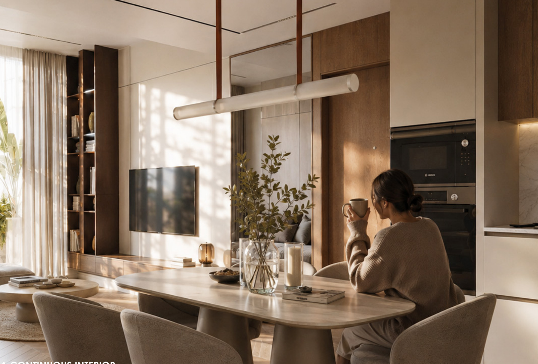Warm timber and stone dining interior at Holm Central